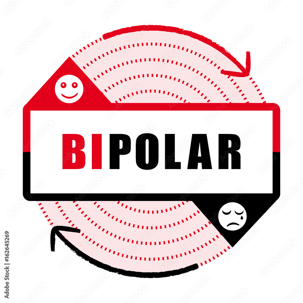 Illustration showing the word "BIPOLAR" with a smiling face on one side and a sad face with a tear on the other, connected by circular arrows representing mood swings.