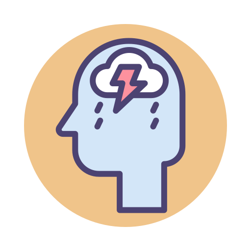 Illustration of a human head silhouette with a storm cloud, lightning bolt, and raindrops inside the brain area, symbolizing mental distress or depression.