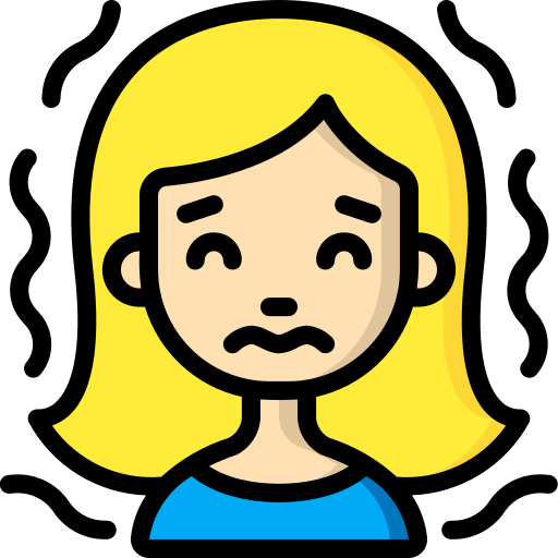 Cartoon illustration of a worried or anxious woman with yellow hair and a blue shirt.