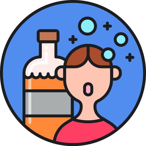 Cartoon icon of a person appearing dizzy or intoxicated next to a bottle of alcohol with bubbles floating around.