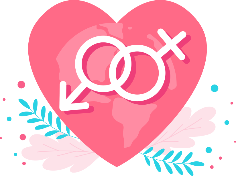Illustration of a large pink heart with male and female gender symbols overlapping in the center, decorated with blue and pink leaves around it.