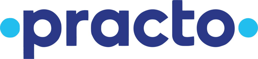 Practo logo with lowercase letters in dark blue flanked by two cyan dots on each side.