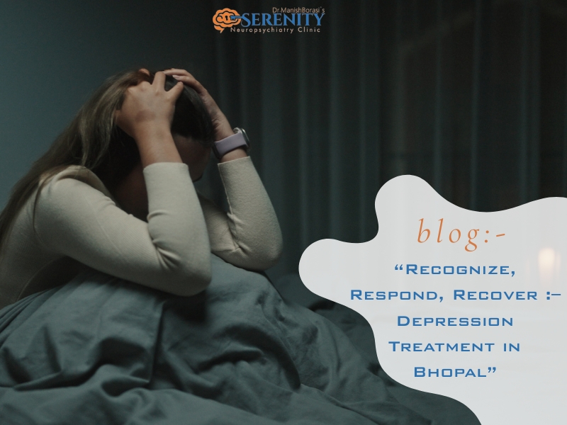 A person sitting on a bed, holding their head in distress, symbolizing the emotional toll of depression, with a focus on seeking support and treatment.