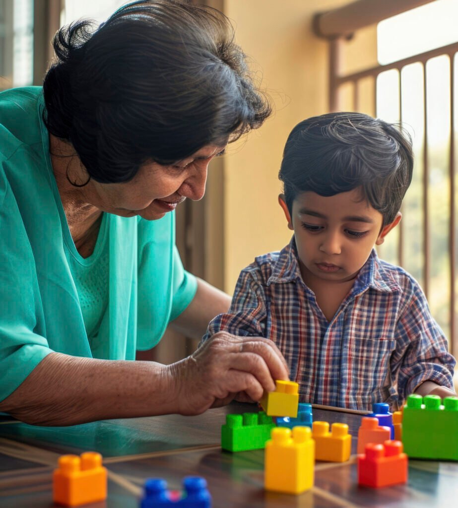 Elderly caregiver helping a young child play with building blocks showing child development and pediatric counseling support in Bhopal