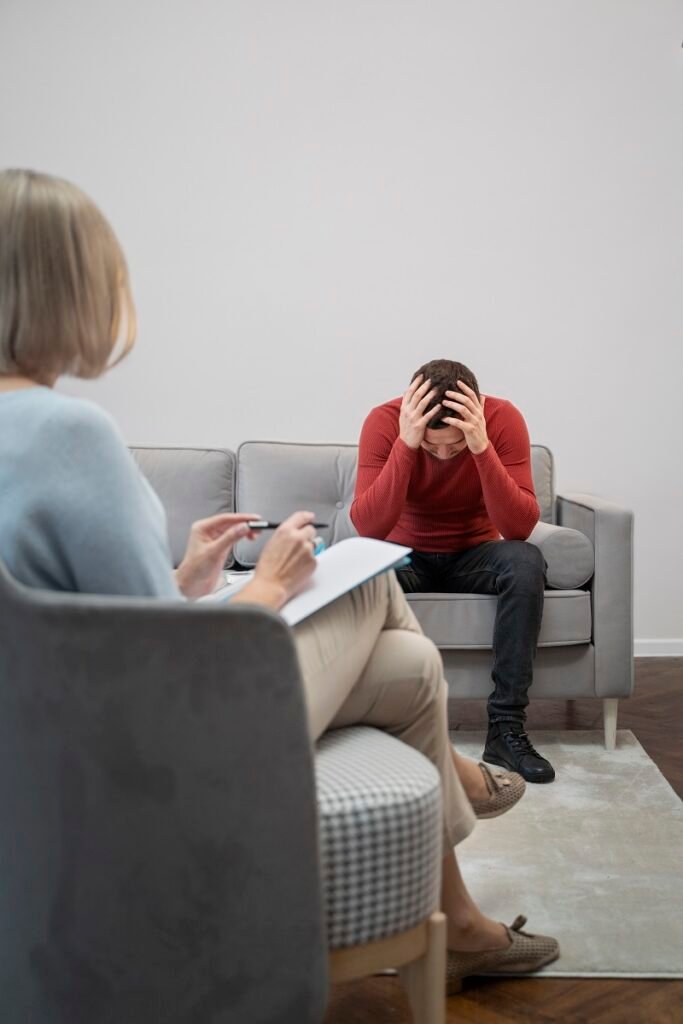 Depressed man sitting on sofa with head in hands during therapy session showing need for Depression Treatment in Bhopal