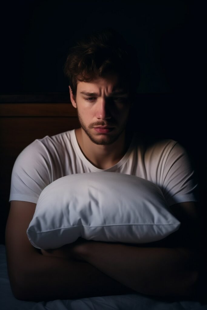 Worried young man sitting on bed at night holding pillow depicting nightfall problem and need for Night fall Treatment in Bhopal.