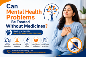 Mental Health Treatment in Bhopal by Dr. Manish Borasi at Serenity Neuropsychiatry Clinic showing therapy, meditation, exercise, and emotional wellness without medicines.