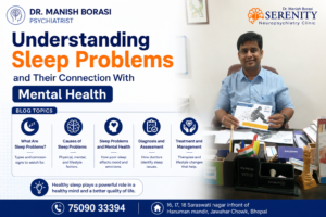 Medical blog banner for “Understanding Sleep Problems and Their Connection With Mental Health,” featuring Dr. Manish Borasi, Psychiatrist, and Serenity Neuropsychiatry Clinic in Bhopal.